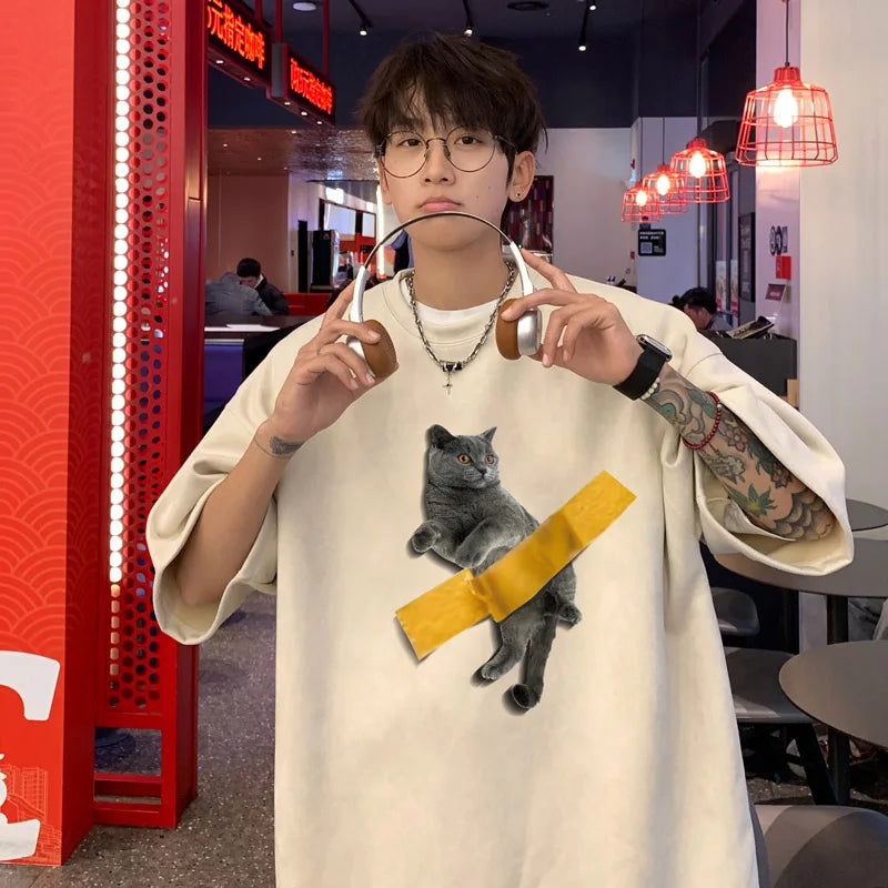 Summer Cartoon Cat Print T-shirt Men Fashion Retro Suede Tshirts Streetwear Hip Hop Loose Round Neck Oversized T Shirt Mens Tops