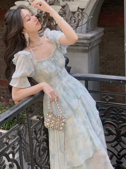 Hnewly French Chiffon Print Midi Dress for Women New Summer Elegent Party Blue Floral Vestidos Holiday Vintage Female Clothes