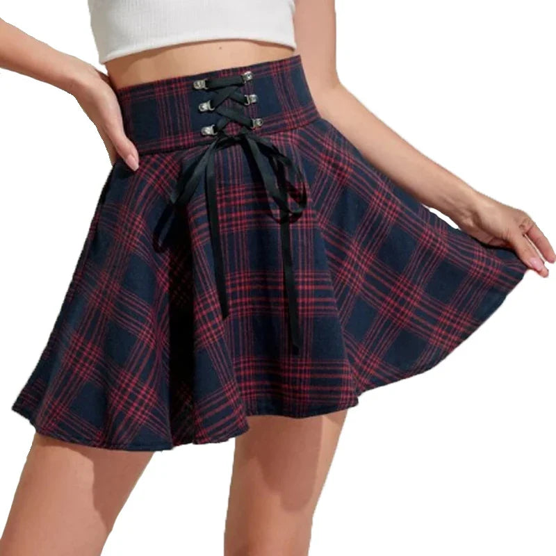 xsrrr Vintage Y2K Punk Sexy High Waist Mini Skirts Purple Plaid Bandage Harajuku Aesthetic Skirt Goth Grunge Cake Skirt Streetwear