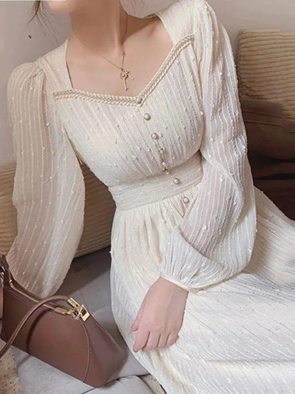 xsrrr Autumn New Women Fashion Elegant White Midi Dresses Vintage Princess Female Party A Line Clothes Vestdios