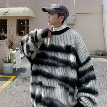 Lattice Korean Fashion Sweater Men Interior Harajuku Men's Clothes Winter Oversize Wool and Mixes Knit Print Luxury