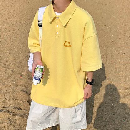 Smiley POLO Shirt Oversize Loose Casual All-match Tops Fashion Short-sleeved T-shirt Summer Sports Lapel Men's Clothes Thin