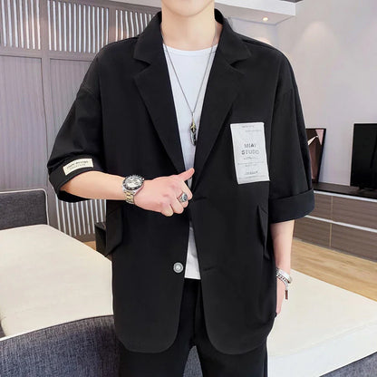 Three-quarter Sleeve Blazers Loose Casual Suit Summer Oversize Patch Design Solid Jackets Classic Simple Trend  Male Clothes