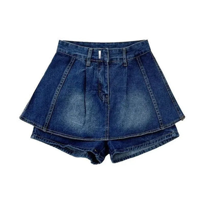 xsrrr Fake Two Pieces High Waisted Denim Shorts Skirt Women's Summer Korean Slimming Pleated Short Dresses Spicy Girl A-line Hot Pants