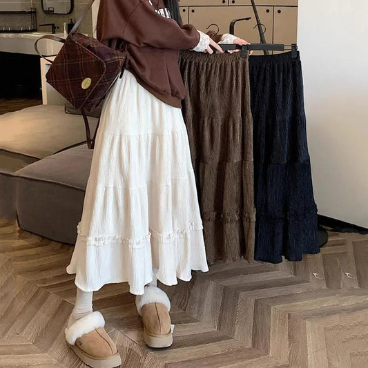 Hnewly Autumn Winter Corduroy Skirt Women Vintage Brown Elastic High Waist Long Skirt Woman All-match Streetwear A-line Skirts