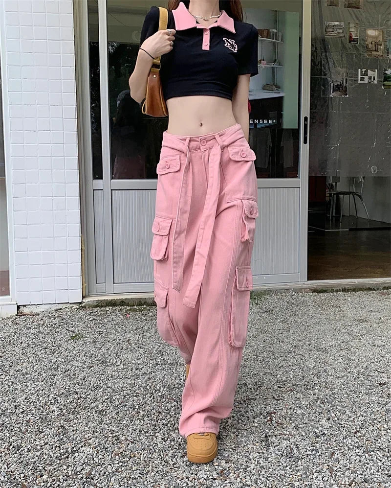 xsrrr American Spice Girls Pink Jeans High Waist Vintage Street Multi Pocket Cargo Pants Women Design Sweet Cool Wide Leg Pants New