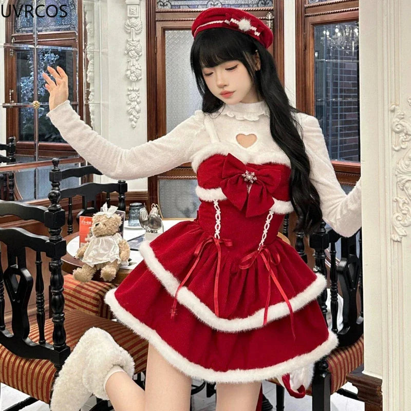 xsrrr NEW YEAR DRESS TO IMPRESS Japanese Kawaii Lolita Dress Sets Women Hooded Shawl Short Jackets Bow Mini Skirt Korean Style Sweet Red Christmas New Year Suit