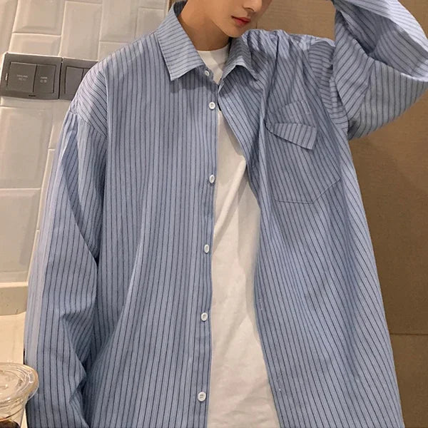 2024 Striped Long Sleeve Shirt Oversized Mens Large Spring Summer Loose Casual Man Shirts Clothes Fashion Harajuku Chest Pocket