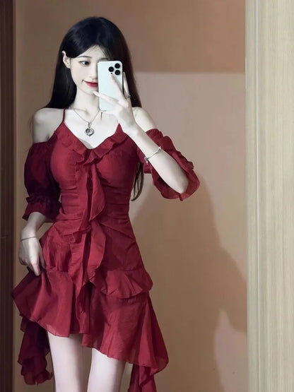 xsrrr 2024 New Red French Elegant Y2k Mini Dress Even Party Short Sleeve Woman Vintage One Piece Dress Korean 90s Fashion Summer Chics