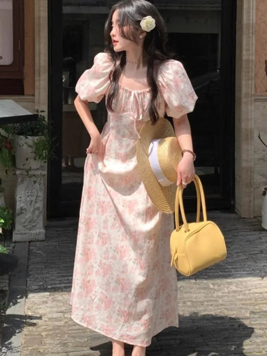 xsrrr Summer Floral Printed Midi Dress Women Off Shoulder Puff Sleeve Fairy A-line Elegant Dresses Casual Korean Fahion Vestidos Mujer