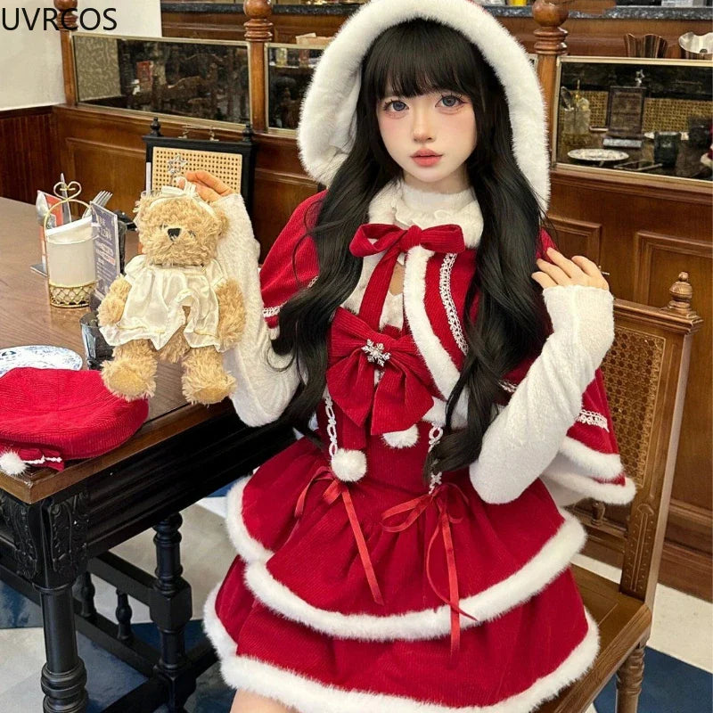 xsrrr NEW YEAR DRESS TO IMPRESS Japanese Kawaii Lolita Dress Sets Women Hooded Shawl Short Jackets Bow Mini Skirt Korean Style Sweet Red Christmas New Year Suit