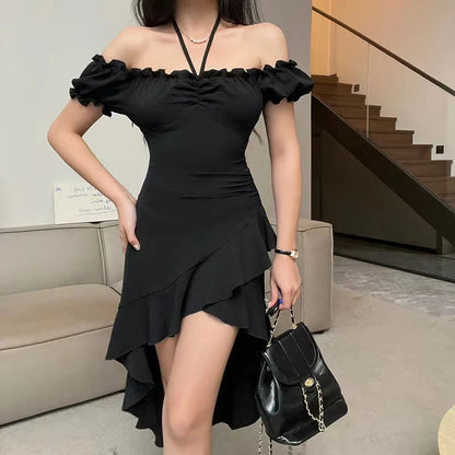 xsrrr Summer Black A-LINE Dress Women Streetwear Sexy Off Shoulder Short Sleeves Ruffled Mid Length Dresses Club Elegant Partywear