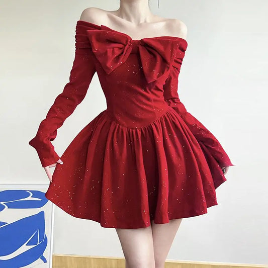 xsrrr NEW YEAR DRESS Holiday Christmas Bow Velvet A-Line Red Dress Slim Slash Neck Long Sleeve Mini Dresses For Women Autumn Winter Lady