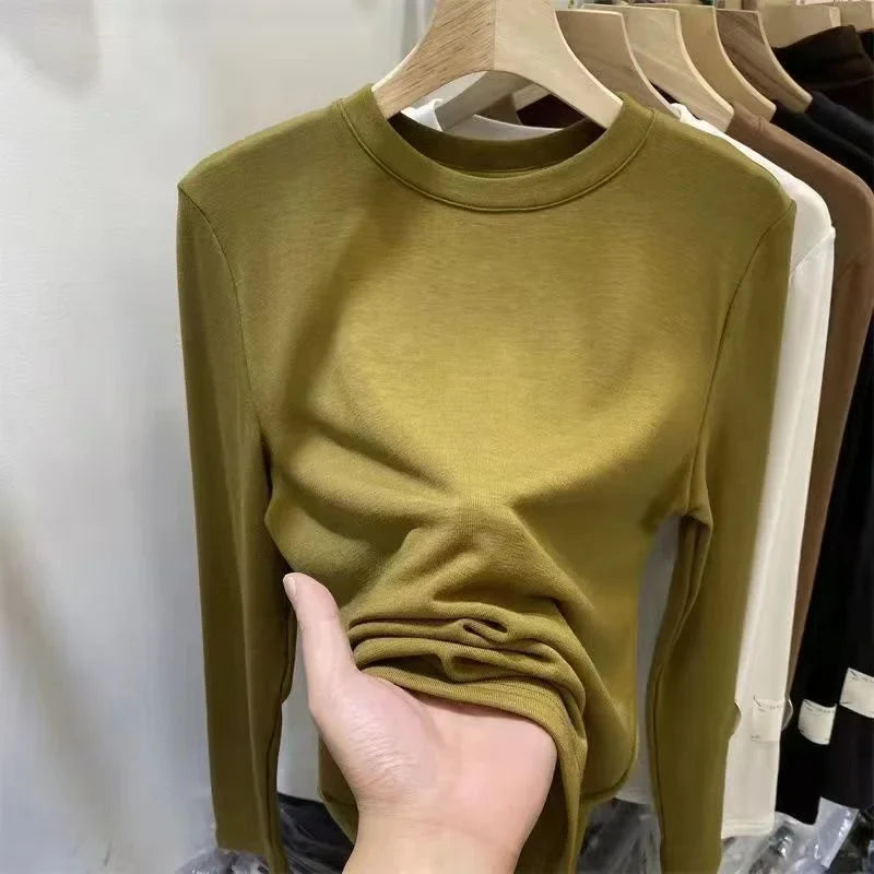 Hnewly Women Long Sleeve T Shirt Autumn Winter Solid Slim Fit Pullovers Tee Shirt  Female Basic Warm Clothes Streetwear Tops