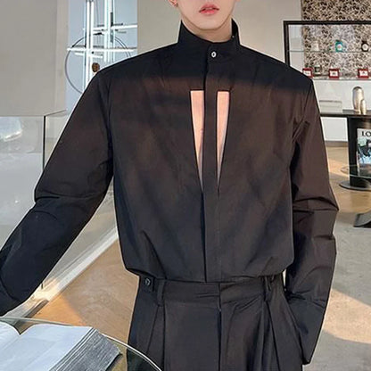 Mens Sexy Hollow Stand-Up Collar Casual Long-Sleeve Shirt Autumn Genderless Korean Fashion Youth Trend Loose Oversize Top Unisex