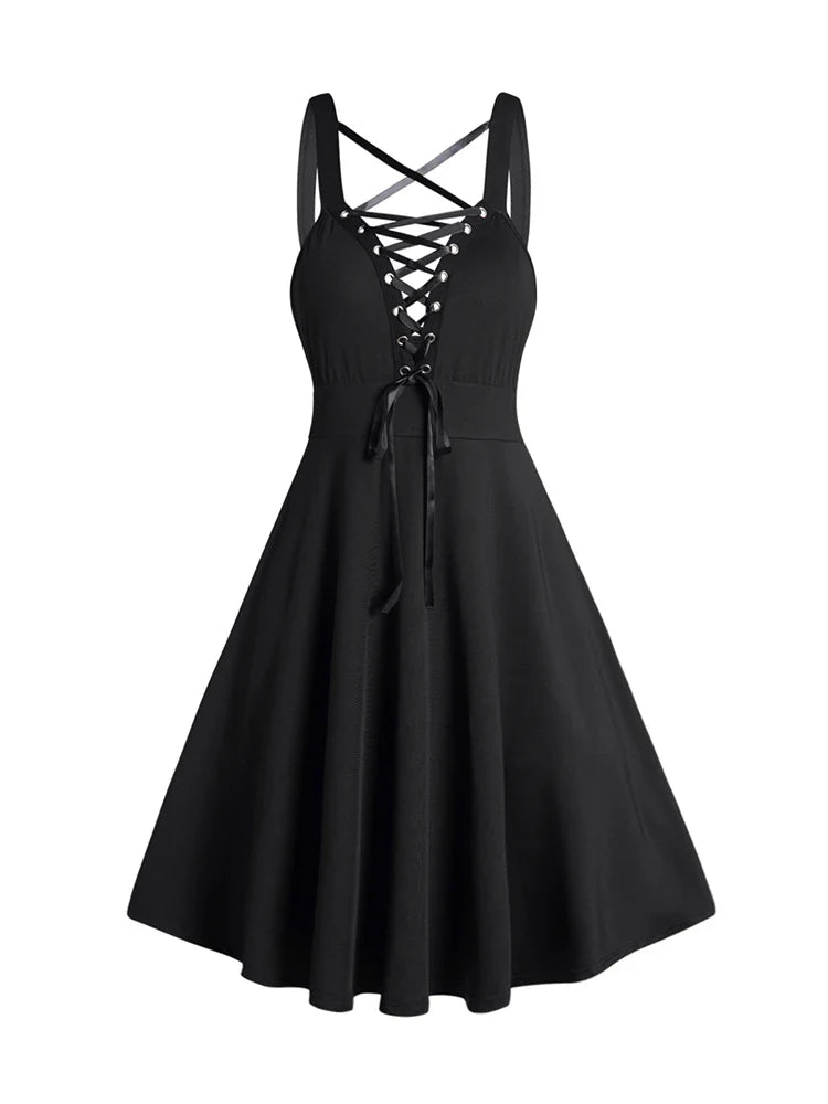 xsrrr Gothic Dress Lace Up Buckle Strap Crisscross Plunging Neck High Waisted A Line Mini Dress 2024 Women Summer Black Dress Vestidos