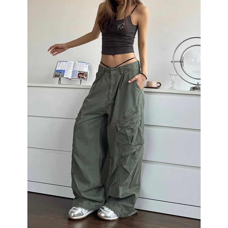 xsrrr NEW Green Jeans for Women High Quality High Waist American Wide Leg Pants Solid Y2K Vintage Straight Summer Trousers