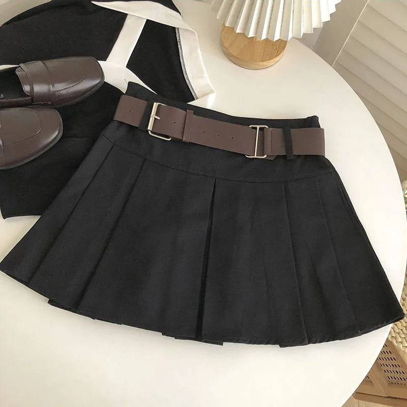 xsrrr High Waist with Belt Pleated Skirts Women Y2K Summer Korean Streetwear Mini Skirt Female Solid Preppy All Match A Line Skirt New