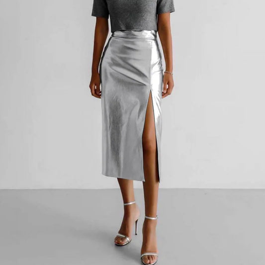 xsrrr Slit Silver Skirts Women Elegant High Waist Leather Pu Long Skirts Autumn Slim Party Sexy Straight Skirts Female Vintage Y2k