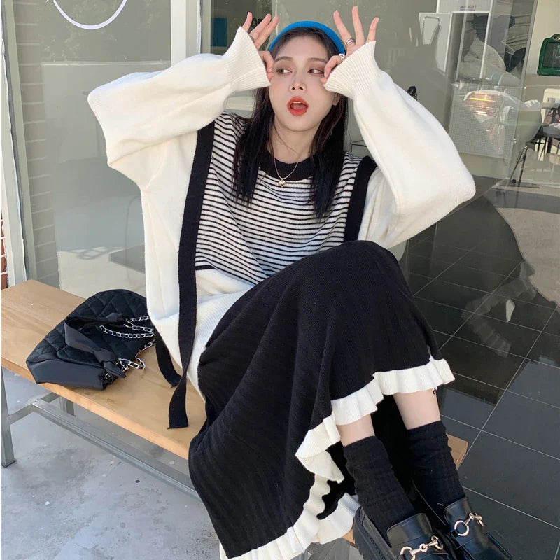 xsrrr DRESS TO IMPRESS Japanese Vintage Knitted Skirt Women Black Patchwork Party Korean Y2k Skirt Female 2021 Winter Casual High Street Gothic Clothes