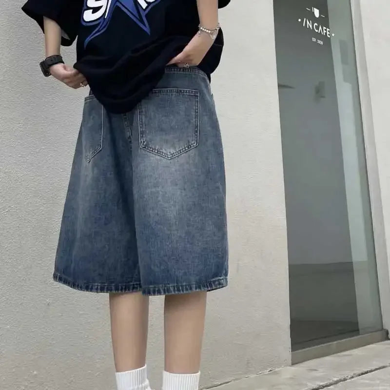 High Street Retro Blue Jeans Shorts Summer New Baggy Wide Leg Denim Half Pants Fashion Streetwear Y2k Clothing Oversize Man