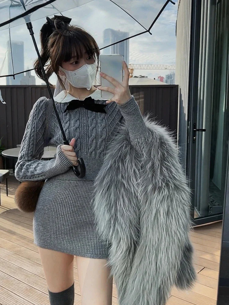 xsrrr Autumn Knitted 2 Piece Dress Set Women Sexy Bodycon Mini Skirt + Long Sleeve Short Sweater Female Retro Casual Korean Suit