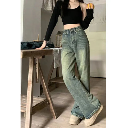 xsrrr Vintage Wide Leg Jeans for Women Streetwear High Waist Loose Straight Denim Pants Female 2024 Spring Wild Casual Trousers