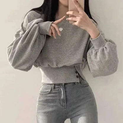 xsrrr FALL OUTFITS Autumn Women Solid O-Neck Slim Crop Top Lantern Sleeve With Button  Sweat Casual Hip-Hop Sporty Pullover Sweet Chic Street Wear