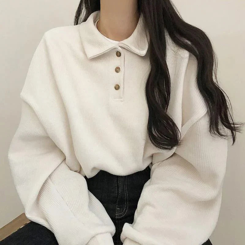 xsrrr Fall Winter Ribbed Pullovers Women Casual Simple Preppy Style Student Turndown Collar Sweater Korean Button-up Blouses