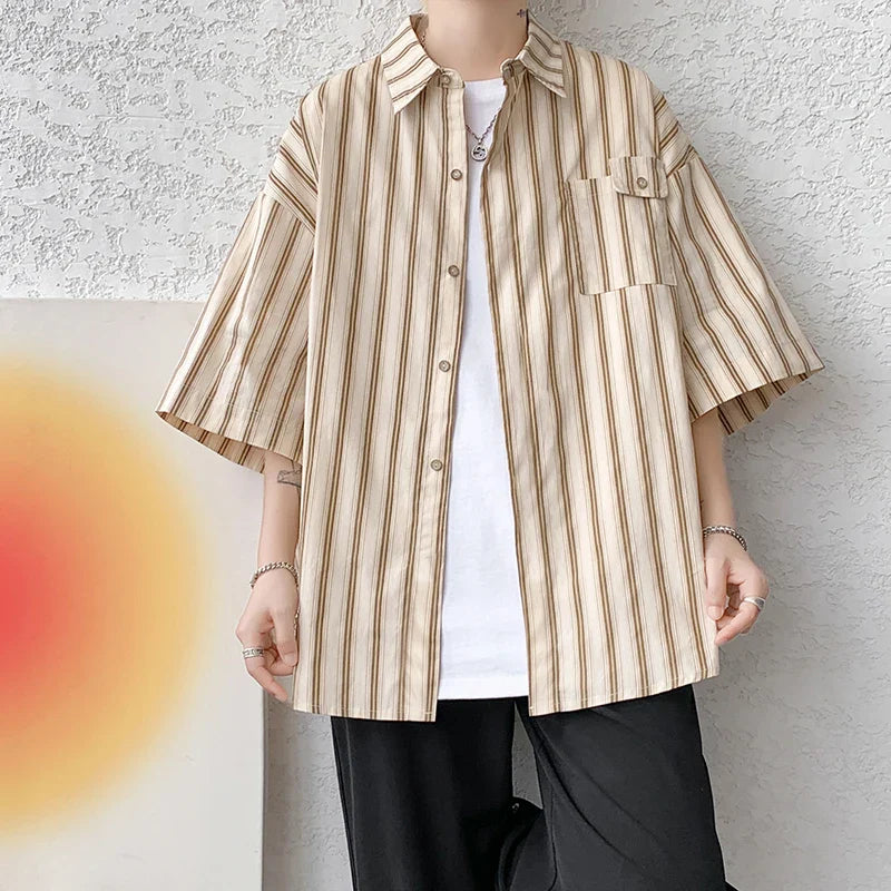 Half Sleeve Shirts Men Casual Stripe Shirts Streetwear Oversize Blouses Single Breasted Male Clothing Harajuku Summer