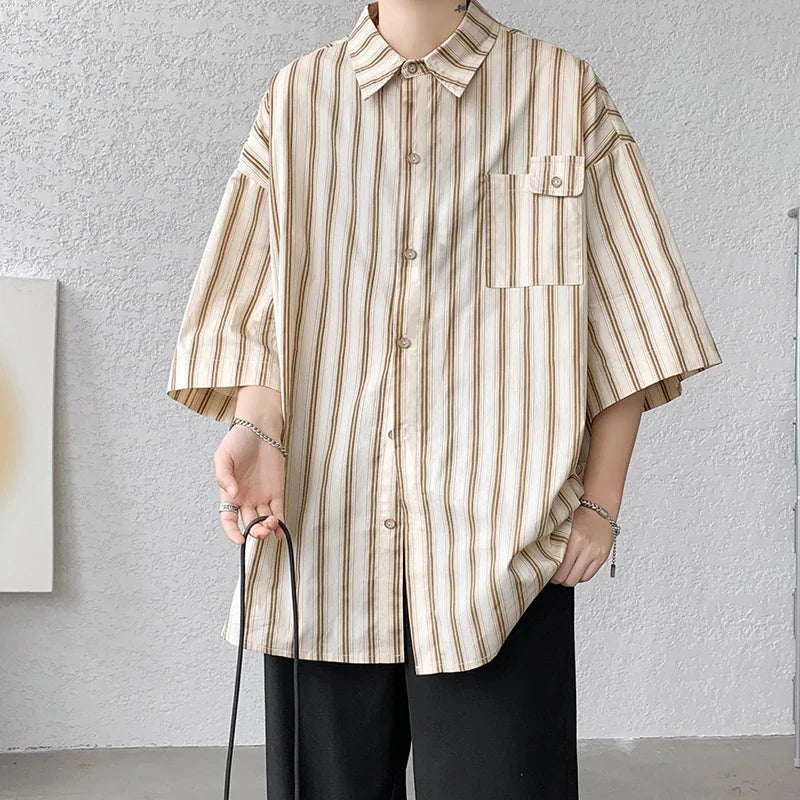 Half Sleeve Shirts Men Casual Stripe Shirts Streetwear Oversize Blouses Single Breasted Male Clothing Harajuku Summer