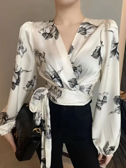 xsrrr Women's Blouse Sexy Asymmetrical Cool Floral Beautiful Top Ruffle Chiffon Trends Satin Shirt Woman Youth Casual