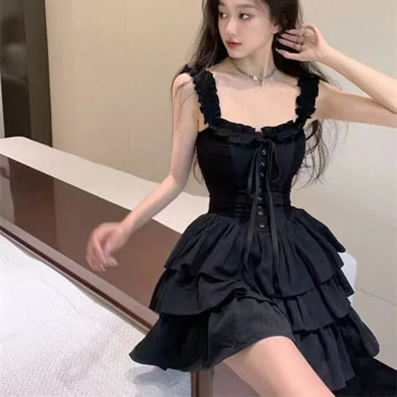 xsrrr Gothic Black Sexy Slip Dress Y2K Harajuku Streetwear Punk Lace Up Cake Dress Female Summer Korean Fashion Party Ruffles Dresses