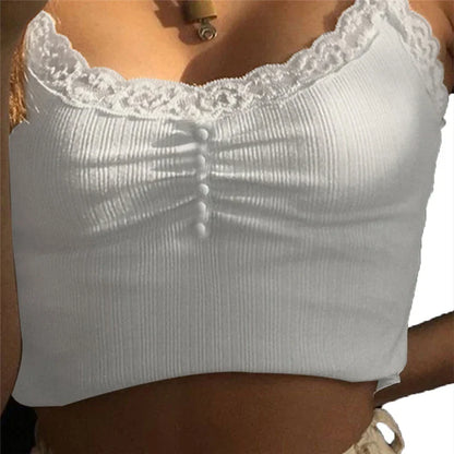 xsrrr White Lace Patchwork Tank Top Summer Women Home y2k Fashion Leisure Outfit Basic Casual Crop Tops Lolita Kawaii Clothes