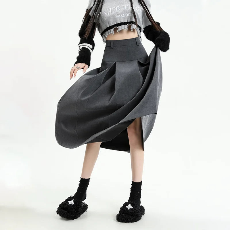 Hnewly Vintage Grey Suit A-line Skirt Women's Spring Autumn College Style High Waist Pleated Mid Length Skirt Femal