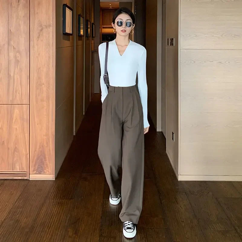 xsrrr Brown Loose Summer Women's Suit Pants Wide Leg Brown Fluid High Waist Casual Dress Pants Ice Silk Straight Female Trousers