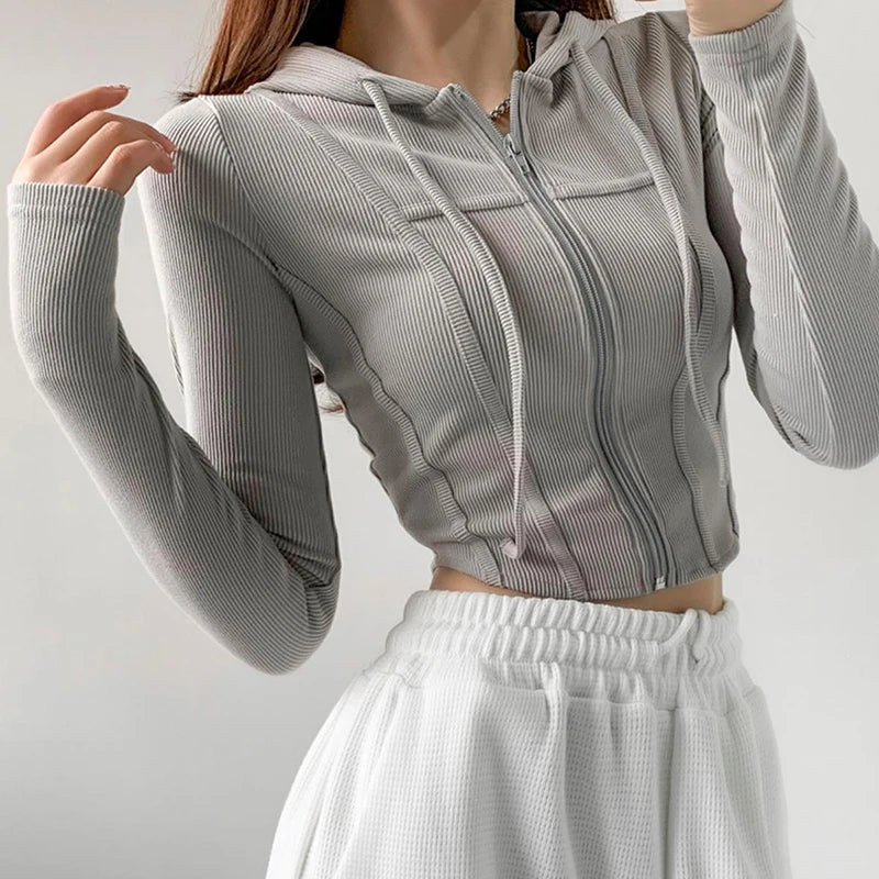 xsrrr Thin Hooded Cardigan Women Korean Vintage Slim Summer Solid Sports Jacket Vertical Pit Stripe Zipper Female Sexy Cropped Tops