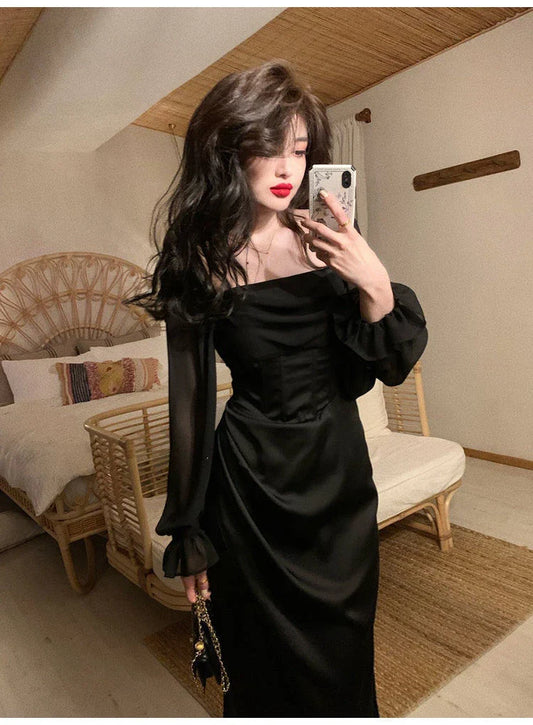 xsrrr Autumn Solid Elegant Fairy Dresses Women Casual Party Fashion Korean One Piece Dress Female Lace Vintage Chic Midi Dresses