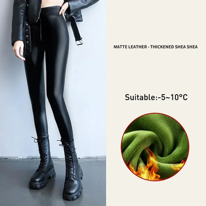 xsrrr Autumn Winter Black Fleece Matte Leather PU Leggings Women's High Waist Elasticity Lift Buttock Trousers Skinny Legging Pants