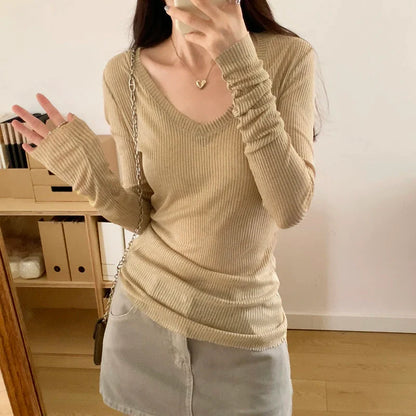 xsrrr Spring and Autumn New Pink V-neck Slim Fit Knitted Thin Solid Sexy Long Sleeve Pullover T-shirt 6 Colors Tight Women's Top