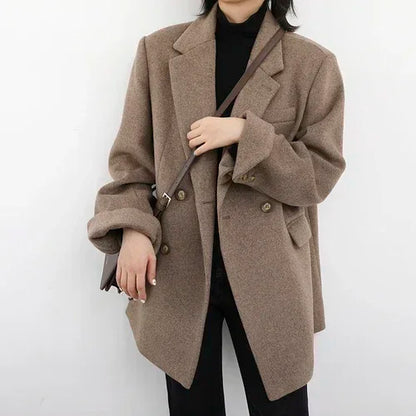 xsrrr WINTER OUTFITS Women Wool Blend Coat Solid Mid Long Woolen Blazer Thick Warm Blouse Women's Overcoat Office Lady Tops Autumn Winter