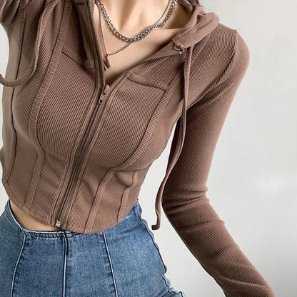 xsrrr Thin Hooded Cardigan Women Korean Vintage Slim Summer Solid Sports Jacket Vertical Pit Stripe Zipper Female Sexy Cropped Tops