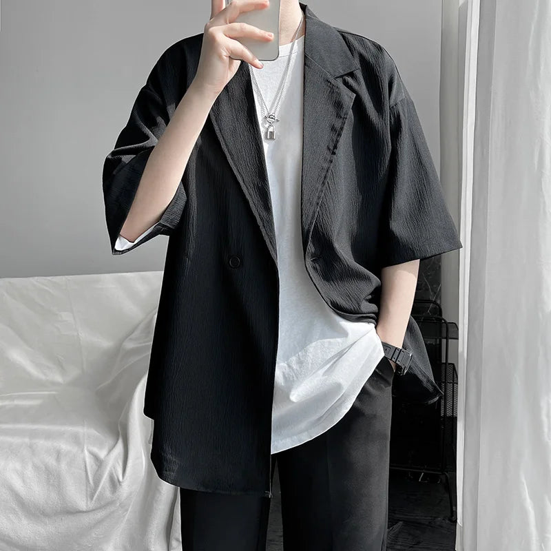 Summer Short Sleeved Shirt Men Fashion Society Mens Dress Shirt Korean Loose Casual Shirt Mens Oversized Pleated Shirts M-3XL