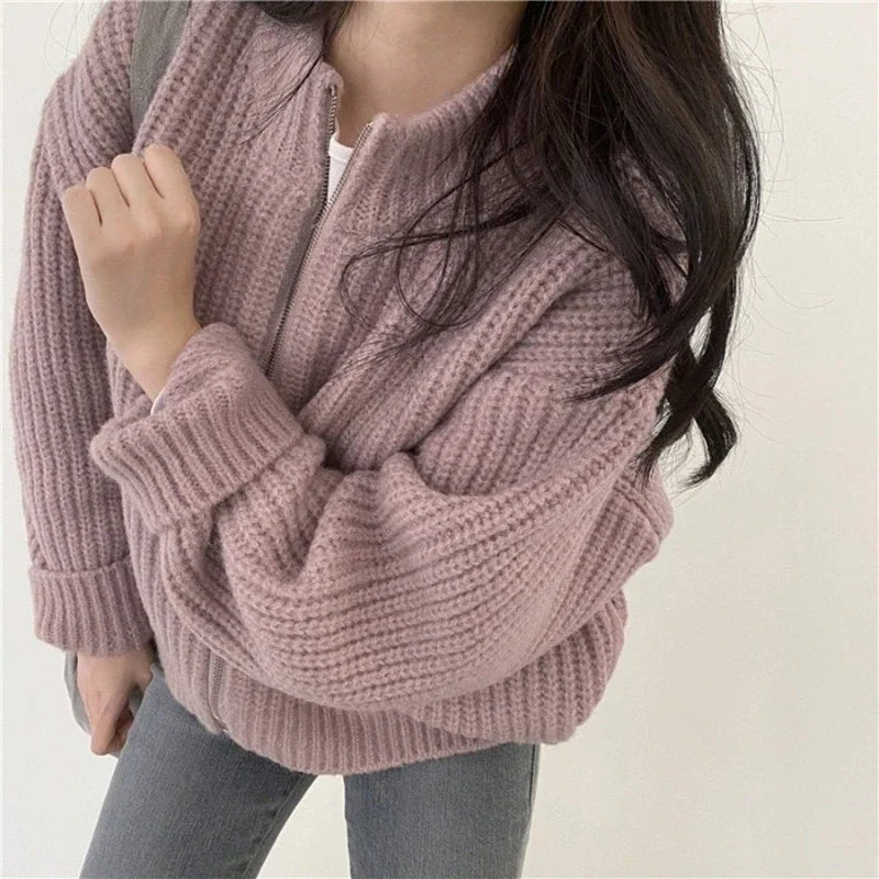 xsrrr Autumn Women's Knitted Jacket New Korean Chic Casual Sweater Coat Solid Color Zipper Thick O Neck Cardigans Women