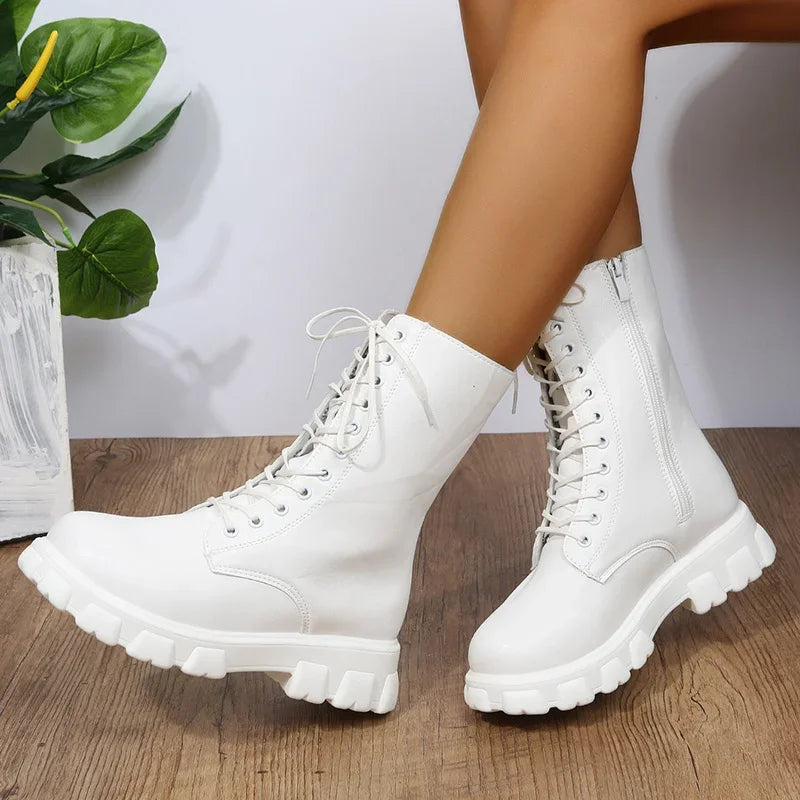 Hnewly Boots Women Autumn Winter PU Leather White Ankle Boots Motorcycle Botines Female Chunky Heels Platform Boots Botas Mujer