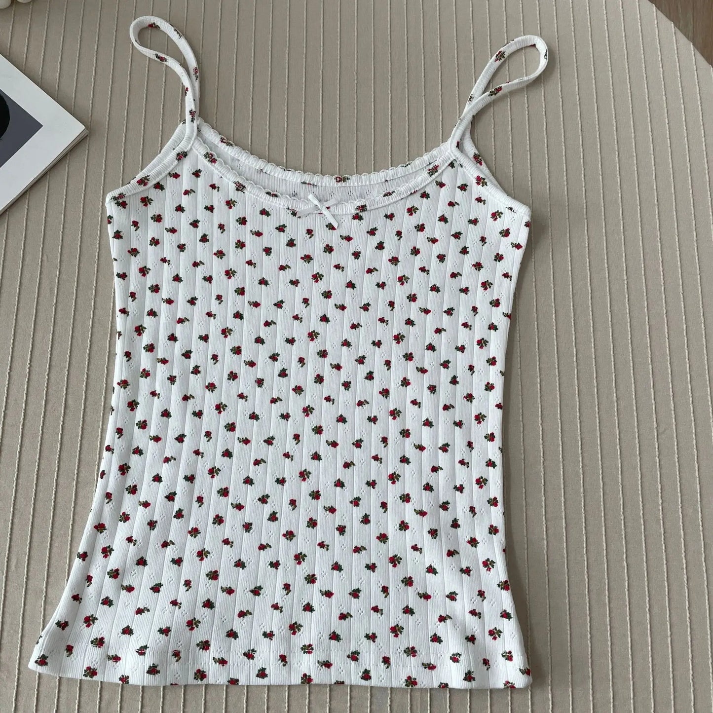 xsrrr Floral Eyelet Bow Cotton Crop Tops Summer Lace Trim Sleeveless Slim Tank Top Women Preppy Style Sweet Camisole Y2k Clothes