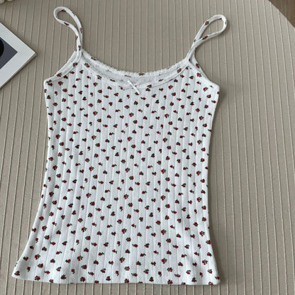 xsrrr Floral Eyelet Bow Cotton Crop Tops Summer Lace Trim Sleeveless Slim Tank Top Women Preppy Style Sweet Camisole Y2k Clothes