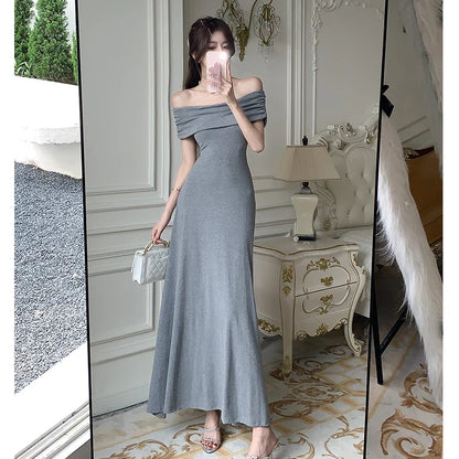 xsrrr New Elegant Solid Strapless Long Dress for Women Summer 2024 Sexy Slim High Waisted Off Shoulder Party Evening Dresses Korean