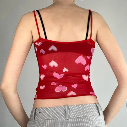 xsrrr Sexy Transparent Camis y2k Cute Heart Print Sleeveless Strap Cropped Top Women Clubwear See Through Tees Summer Harajuku