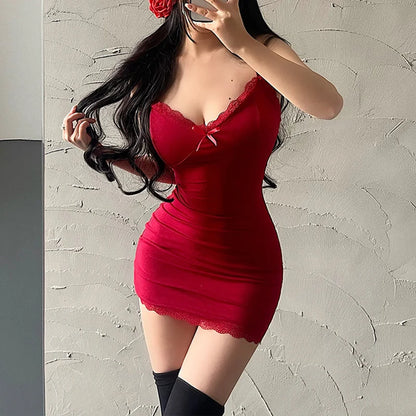 xsrrr DRESS TO IMPRESS Sexy Lace Splicing Sleeveless Mini Dress Women Skinny Sling Red Sundress Short Club Summer Black Bodycon Dresses Party Girls